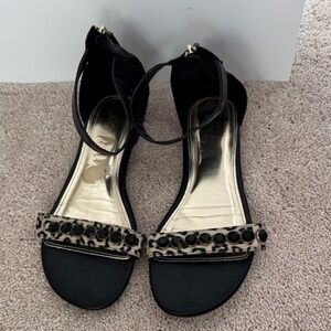 Report Black Ankle-Strap Sandals with Leopard Accent and Black Stones